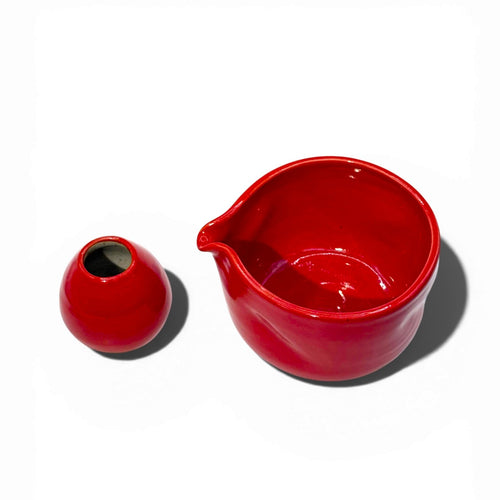 Hand-Pulled Chawan & Whisk Holder Set - Glossy Red